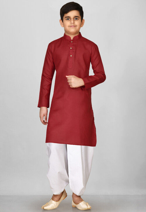 Solid Color Cotton Dhoti Kurta in Red