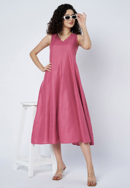 Solid Color Cotton Dress in Pink
