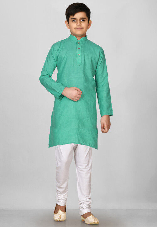 Solid Color Cotton Kurta in Light Teal Green
