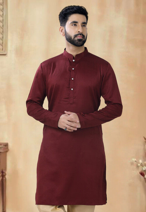 Solid Color Cotton Kurta in Maroon