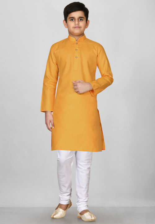 Solid Color Cotton Kurta in Mustard