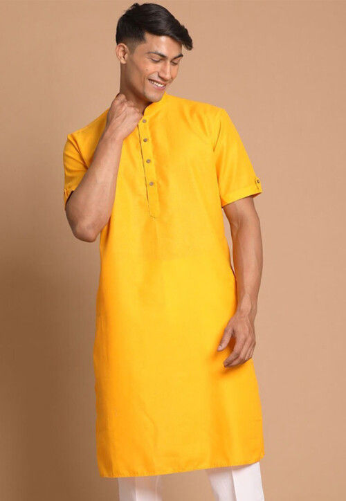 Solid Color Cotton Kurta in Yellow