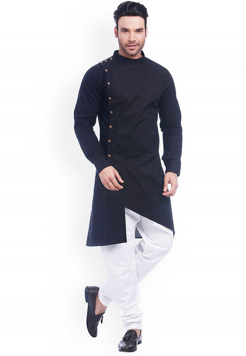 Solid Color Cotton Kurta Set in Black