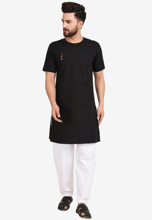 Solid Color Cotton Kurta Set in Black