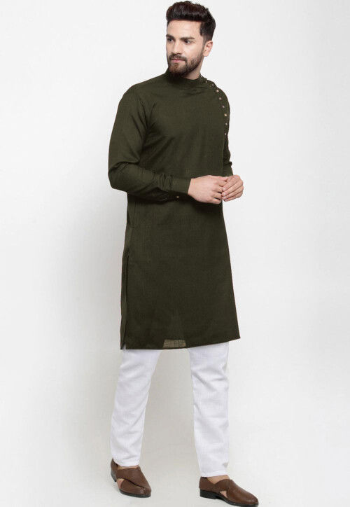 Solid Color Cotton Kurta Set in Dark Olive Green