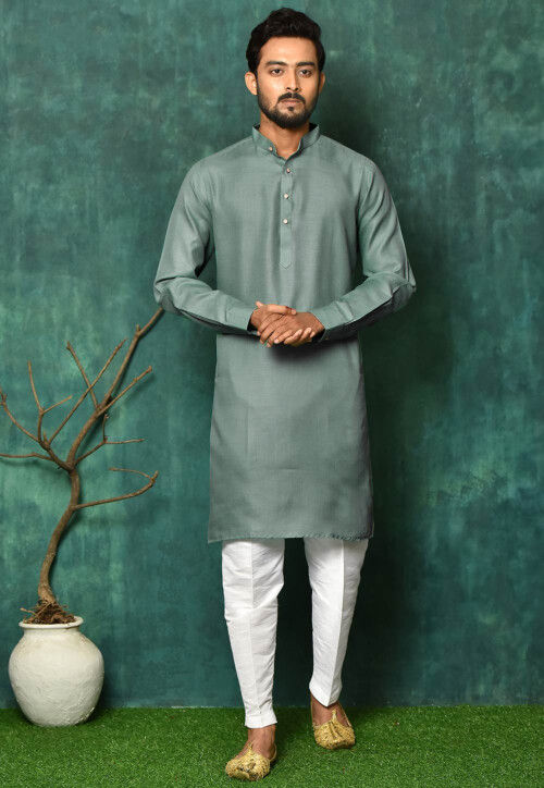 Solid Color Cotton Kurta Set in Dusty Teal Green