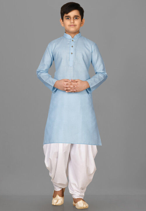 Solid Color Cotton Kurta Set in Light Blue