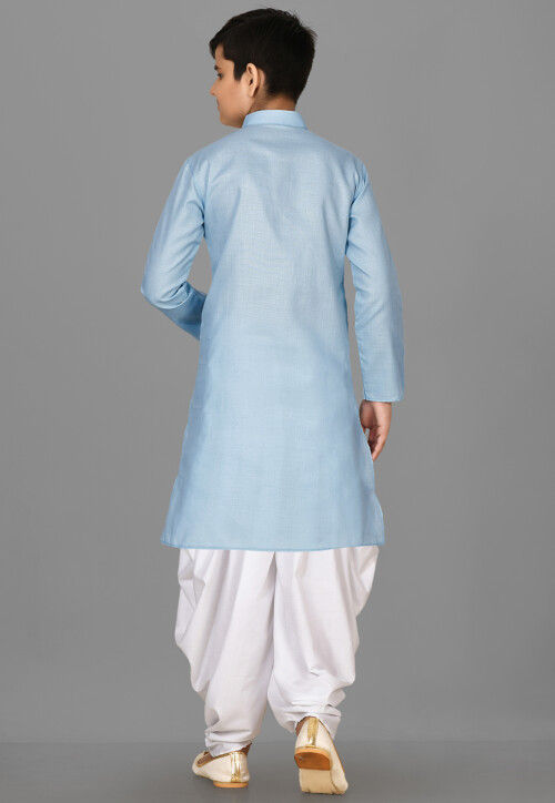 Solid Color Cotton Kurta Set in Light Blue