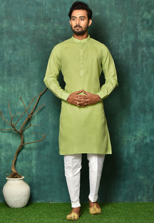 Solid Color Cotton Kurta Set in Light Green