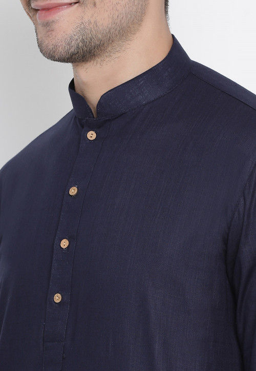 Solid Color Cotton Kurta Set in Navy Blue : MTR1197