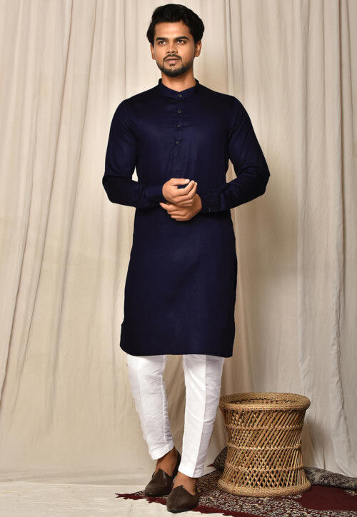 Solid Color Cotton Kurta Set in Navy Blue