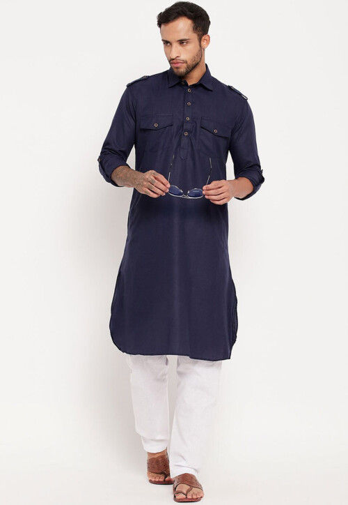 Solid Color Cotton Kurta Set in Navy Blue