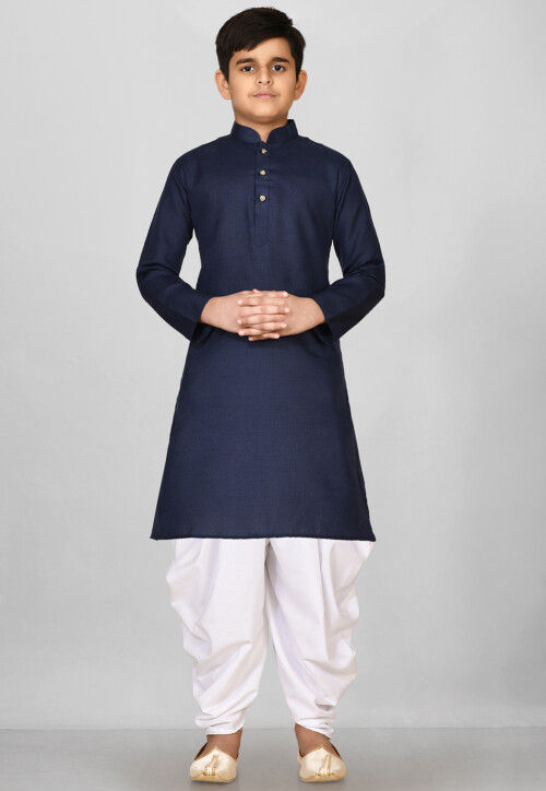 Solid Color Cotton Kurta Set in Navy Blue