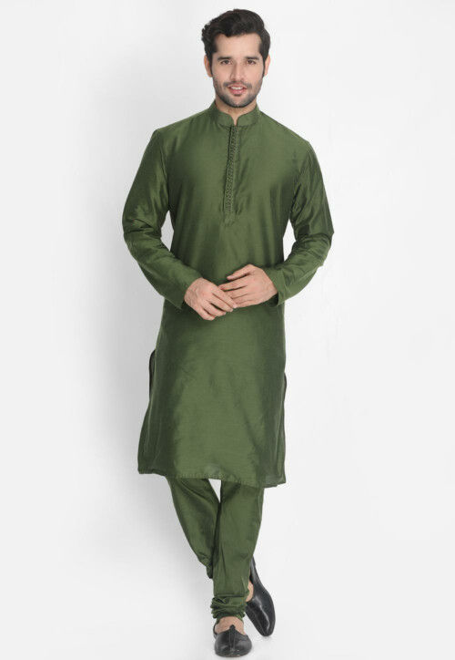 Solid Color Cotton Kurta Set in Olive Green : MTR2840