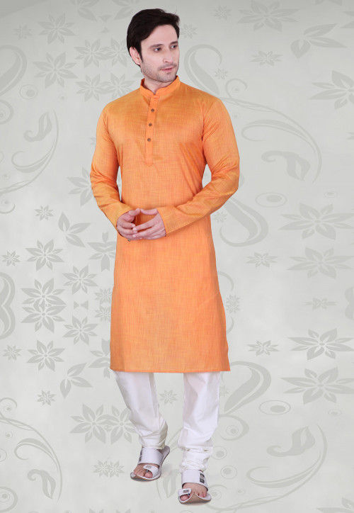Solid Color Cotton Kurta Set in Orange