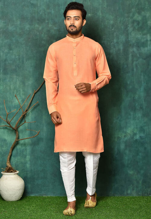 Solid Color Cotton Kurta Set in Orange