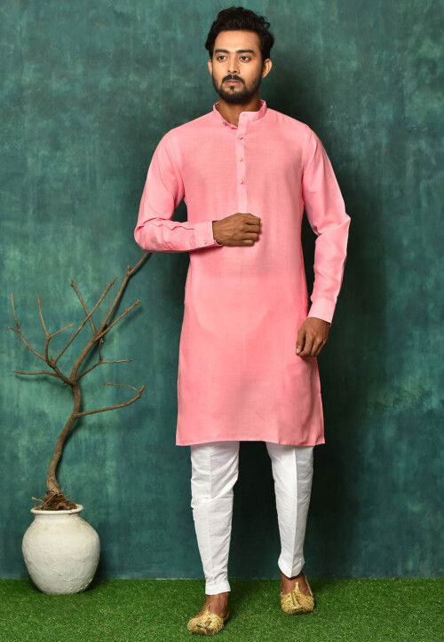 Solid Color Cotton Kurta Set in Peach Pink