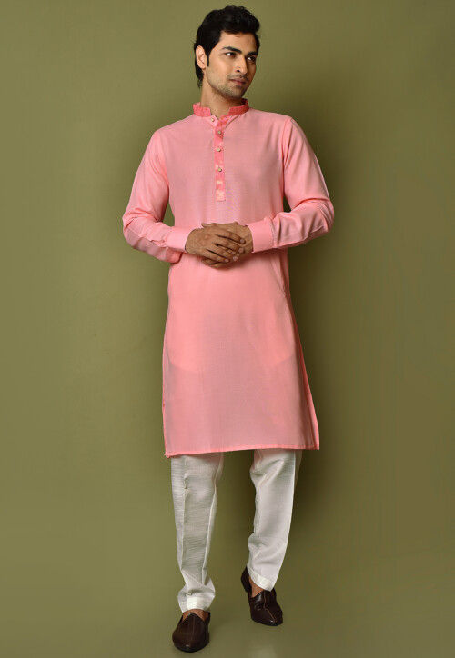 Solid Color Cotton Kurta Set in Peach