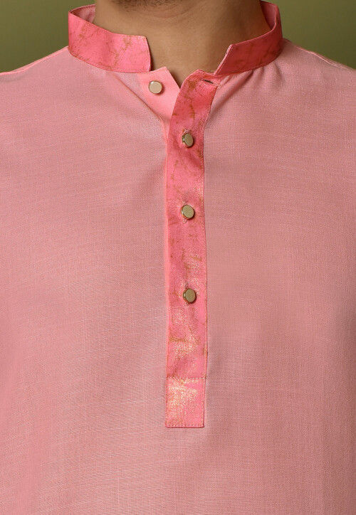 Solid Color Cotton Kurta Set in Peach