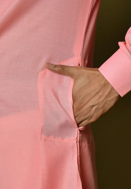 Solid Color Cotton Kurta Set in Peach