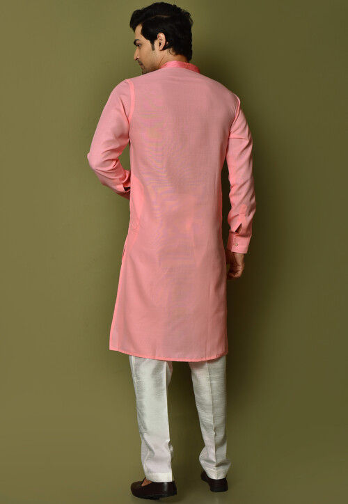 Solid Color Cotton Kurta Set in Peach