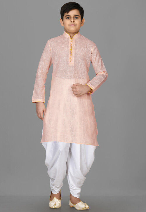 Solid Color Cotton Kurta Set in Peach