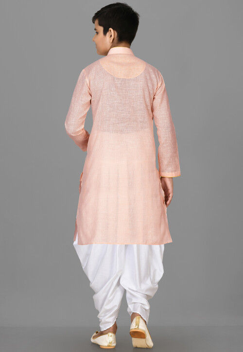 Solid Color Cotton Kurta Set in Peach