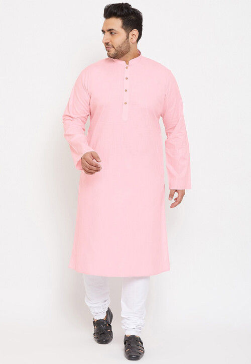 Solid Color Cotton Kurta Set in Pink