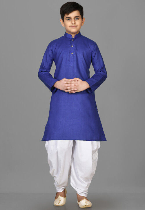 Solid Color Cotton Kurta Set in Royal Blue