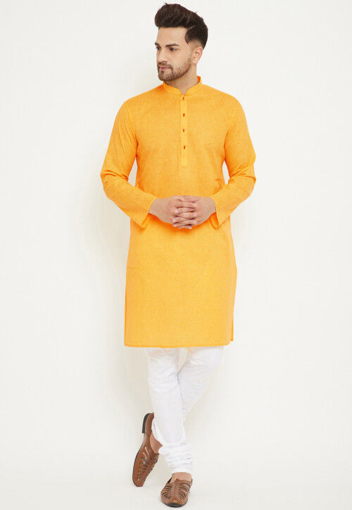 Solid Color Cotton Kurta Set in Yellow