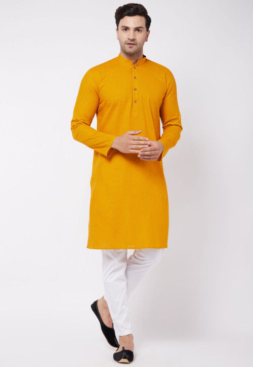 Solid Color Cotton Linen Kurta Set in Dark Mustard