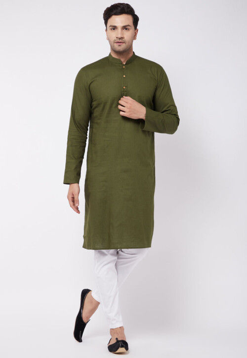 Solid Color Cotton Linen Kurta Set in Dark Olive Green