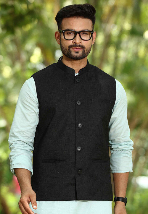 Buy Solid Color Cotton Linen Nehru Jacket in Black Online MSY74 Utsav Fashion