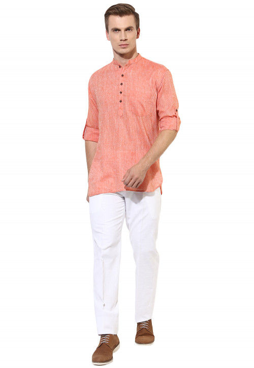 Solid Color Cotton Linen Short Kurta in Light Orange : MST384