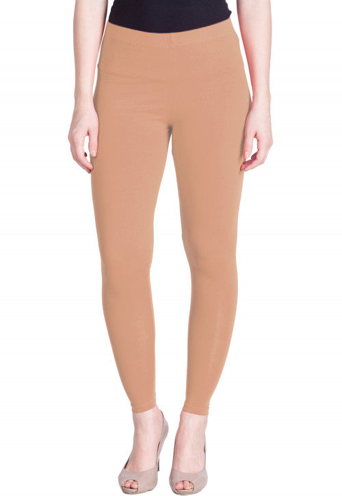 Solid Color Cotton Lycra Ankle Length Leggings in Peach : BKS278