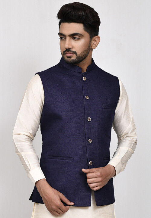 Shop Jacquard Embroidered Kurta Payjama With Jacket in Multi Colour and Navy  Blue Online : 241440 -