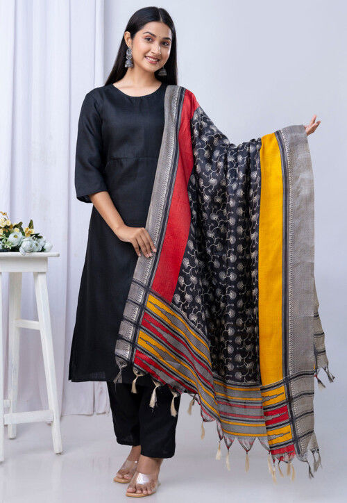 Solid Color Cotton Pakistani Suit in Black