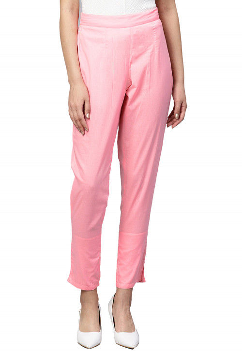 Women Pink Color 100% Cotton Solid Trousers & Pant