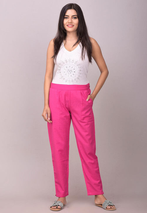 Buy Linen Bloom Solid Relaxed Fit Pants | Pink Color Women | AJIO LUXE
