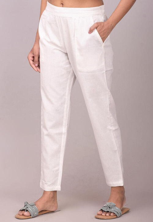 Buy Plus Size White Cotton Schiffli Pants | Apella