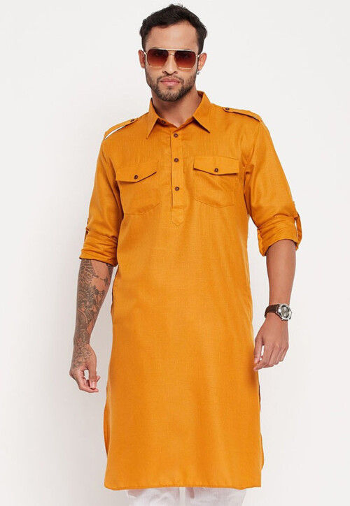 Solid Color Cotton Pathani Kurta in Mustard