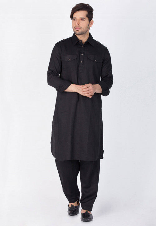 Solid Color Cotton Pathani Kurta Set in Black : MTR1789