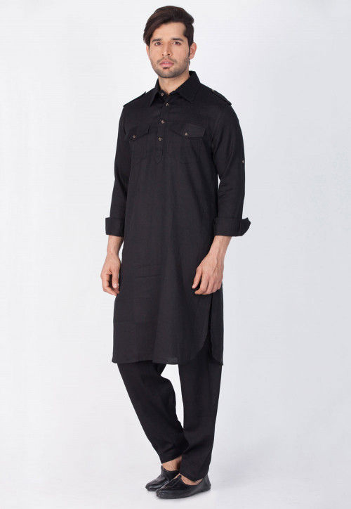 Solid Color Cotton Pathani Kurta Set in Black : MTR1789