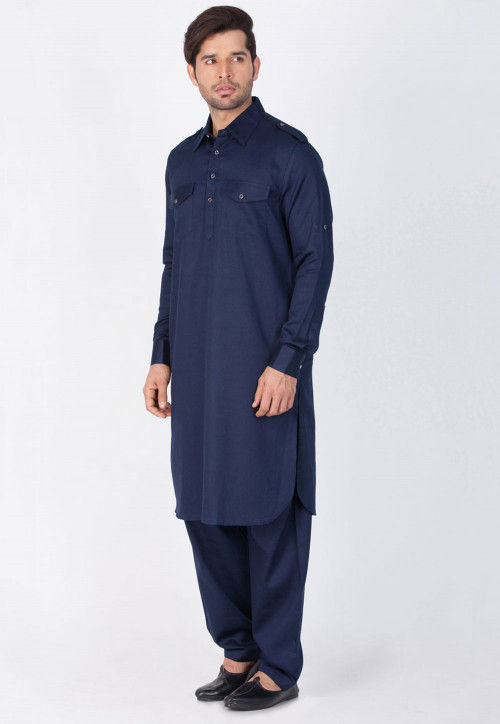 Solid Color Cotton Pathani Kurta Set in Navy Blue : MTR1790