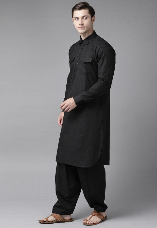 Solid Color Cotton Pathani Suit in Black : MEE1144