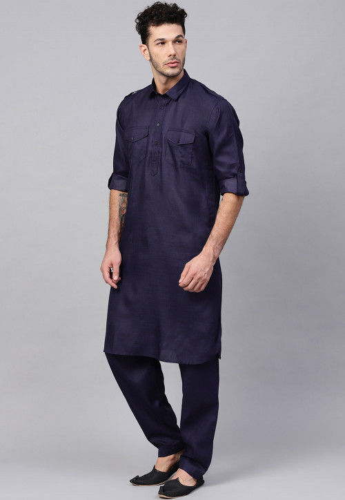 Solid Color Cotton Pathani Suit in Navy Blue : MVE1759