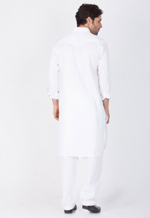 Solid Color Cotton Pathani Suit in White