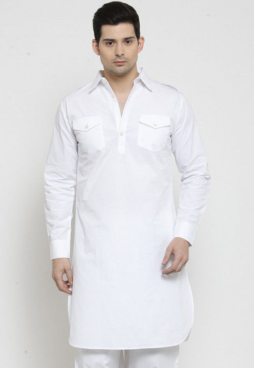 UtsavFashion Solid Color Cotton Pathani Suit in White