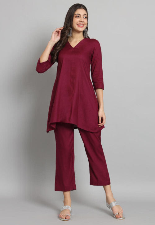 Solid Color Cotton Rayon Co Ord Set in Magenta