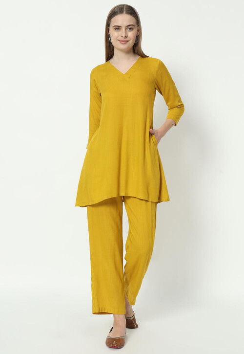 Solid Color Cotton Rayon Co Ord Set in Mustard